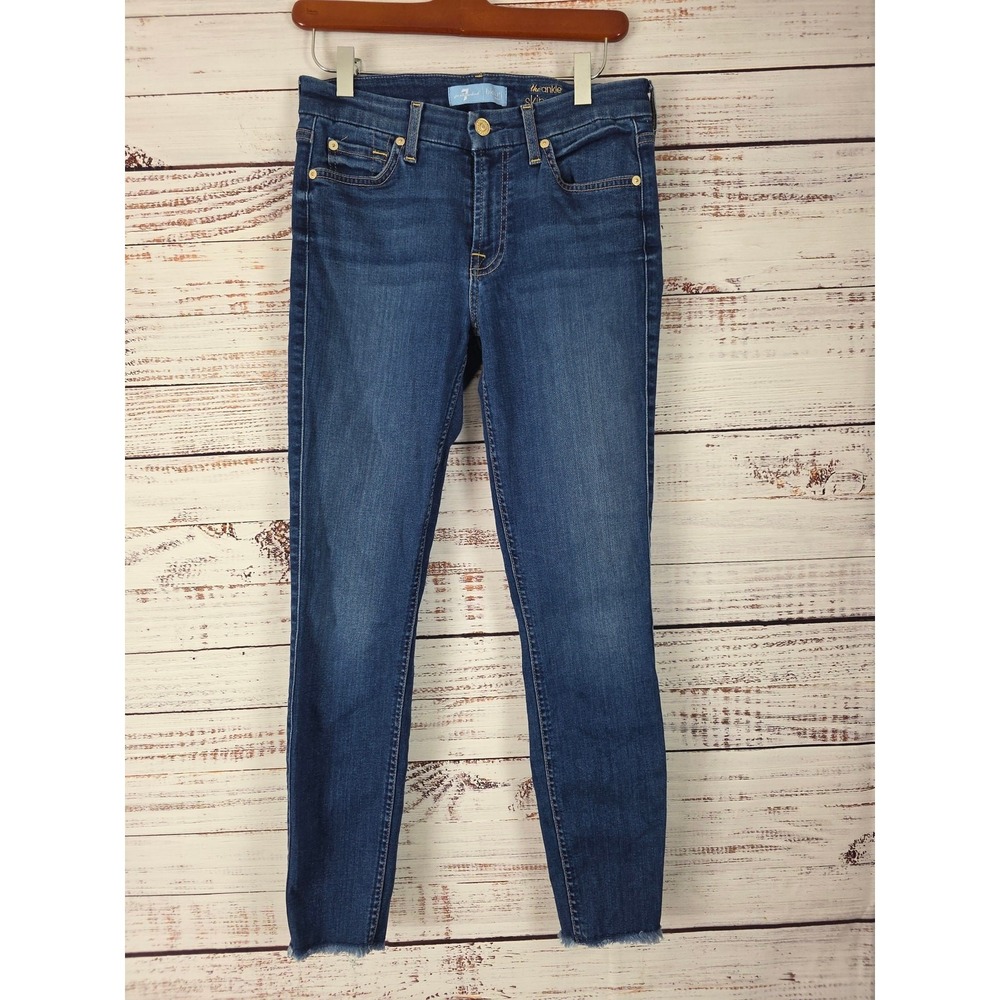7 For All Mankind The Ankle Skinny Jeans 26 Womens Raw Hem Mid Rise Medium Wash
